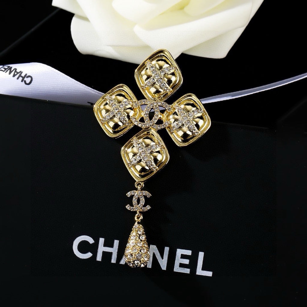 Chanel Baroque Cross Crystal Double CC Teardrop Pendant Brooch Pin