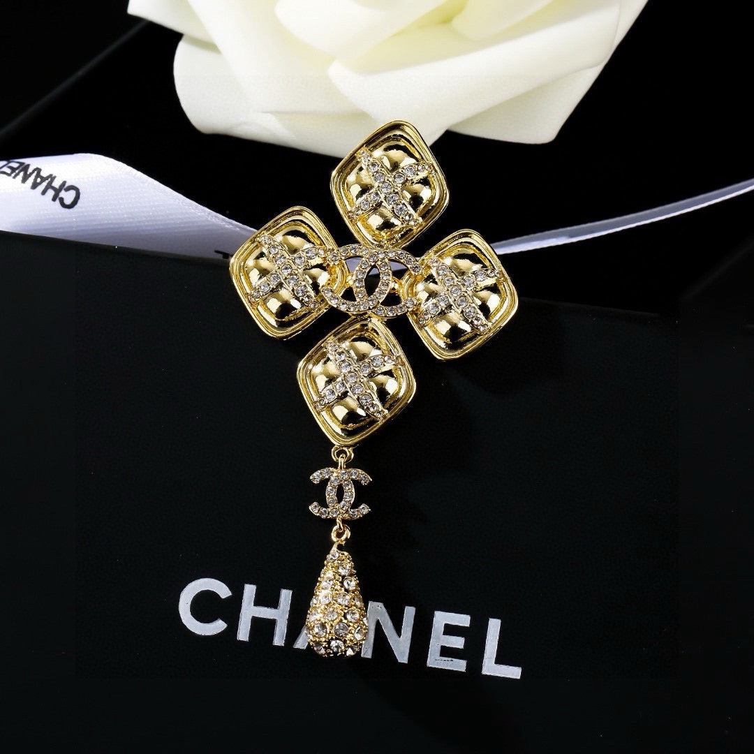 Chanel Baroque Cross Crystal Double CC Teardrop Pendant Brooch Pin
