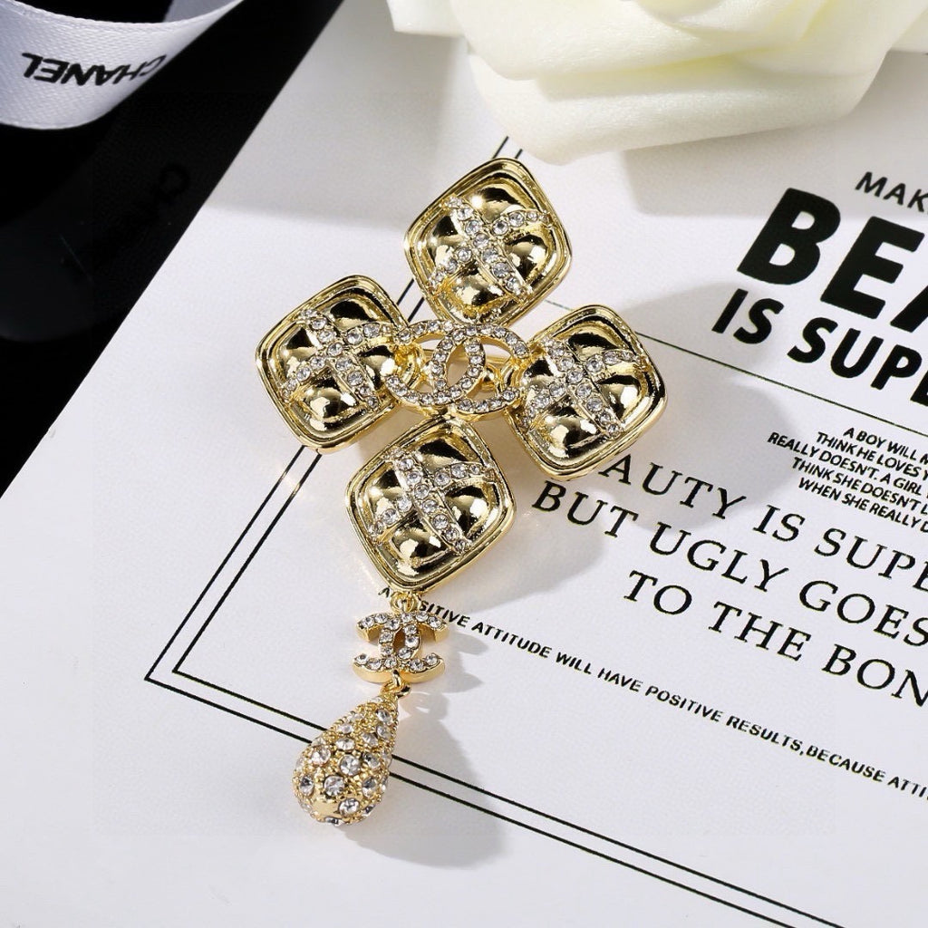 Chanel Baroque Cross Crystal Double CC Teardrop Pendant Brooch Pin