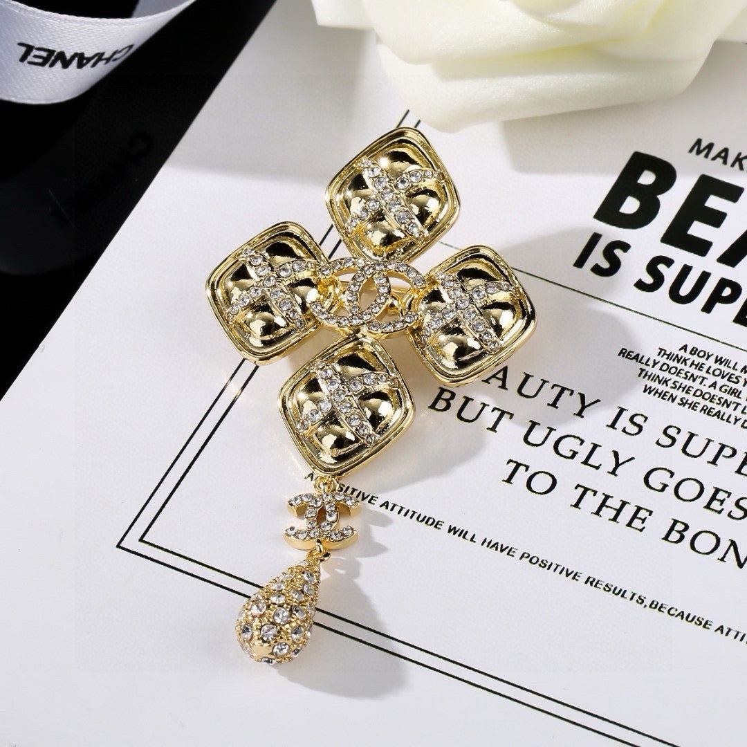 Chanel Baroque Cross Crystal Double CC Teardrop Pendant Brooch Pin