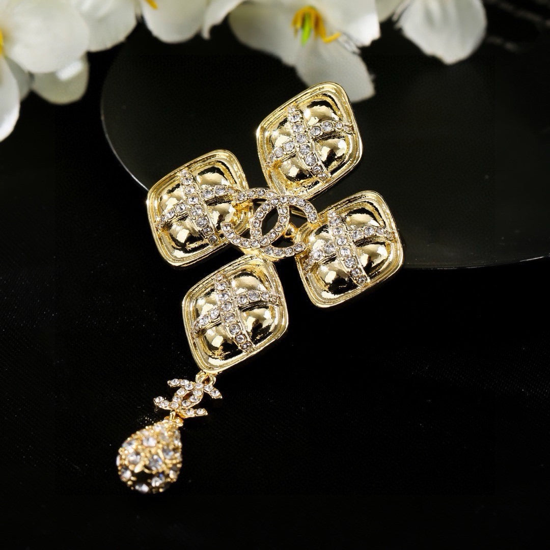 Chanel Baroque Cross Crystal Double CC Teardrop Pendant Brooch Pin