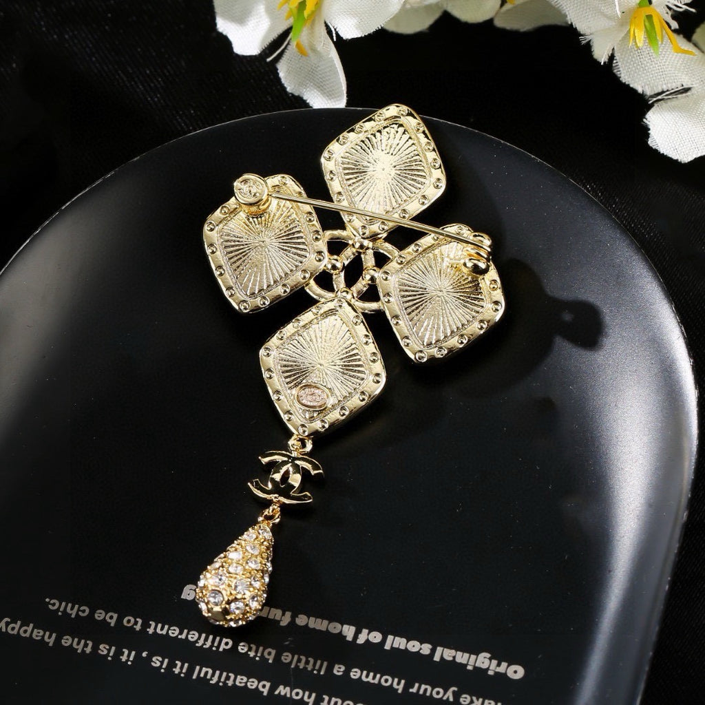 Chanel Baroque Cross Crystal Double CC Teardrop Pendant Brooch Pin