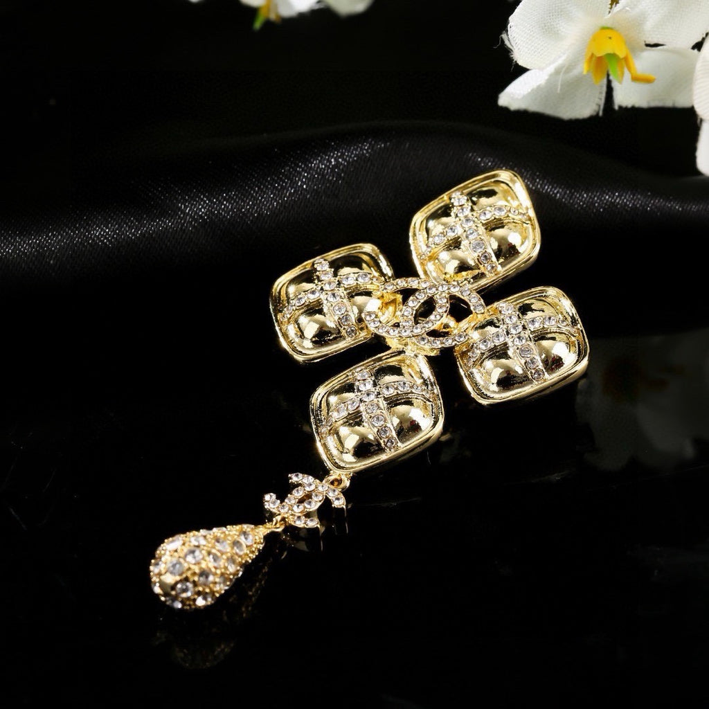 Chanel Baroque Cross Crystal Double CC Teardrop Pendant Brooch Pin