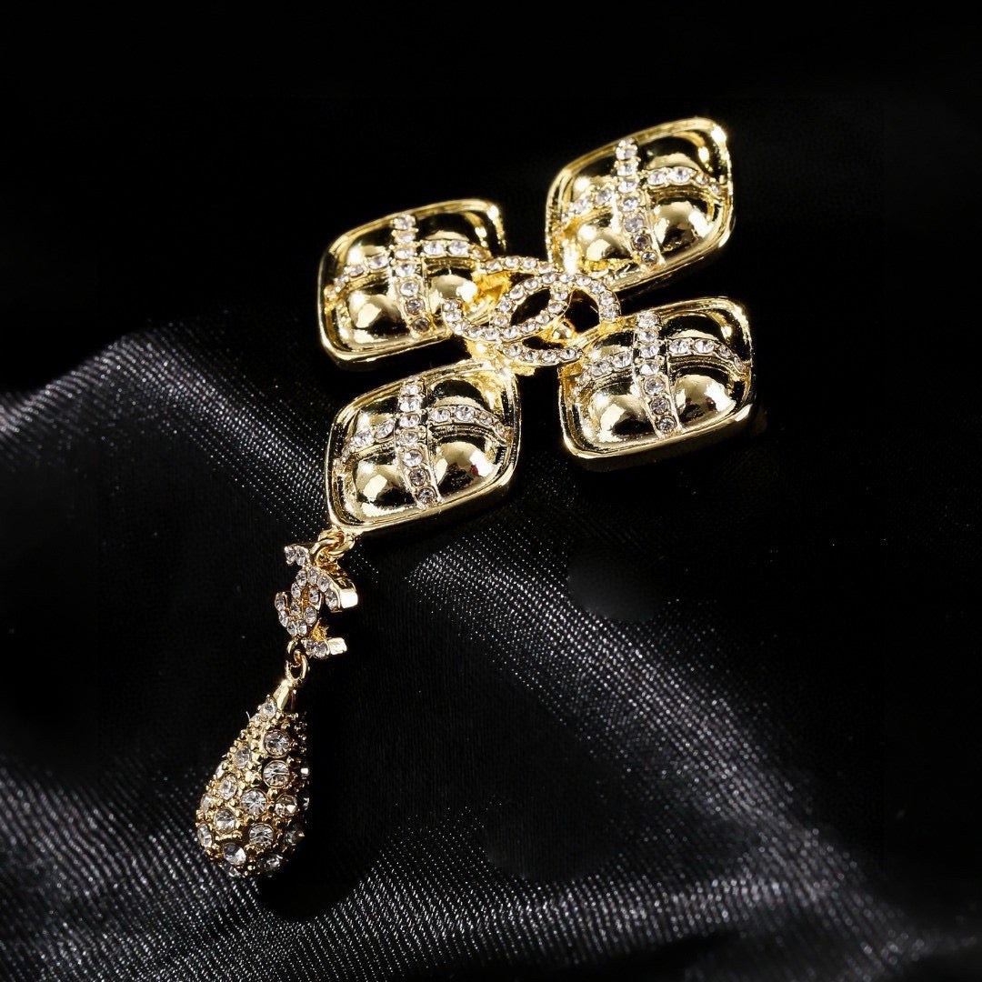 Chanel Baroque Cross Crystal Double CC Teardrop Pendant Brooch Pin