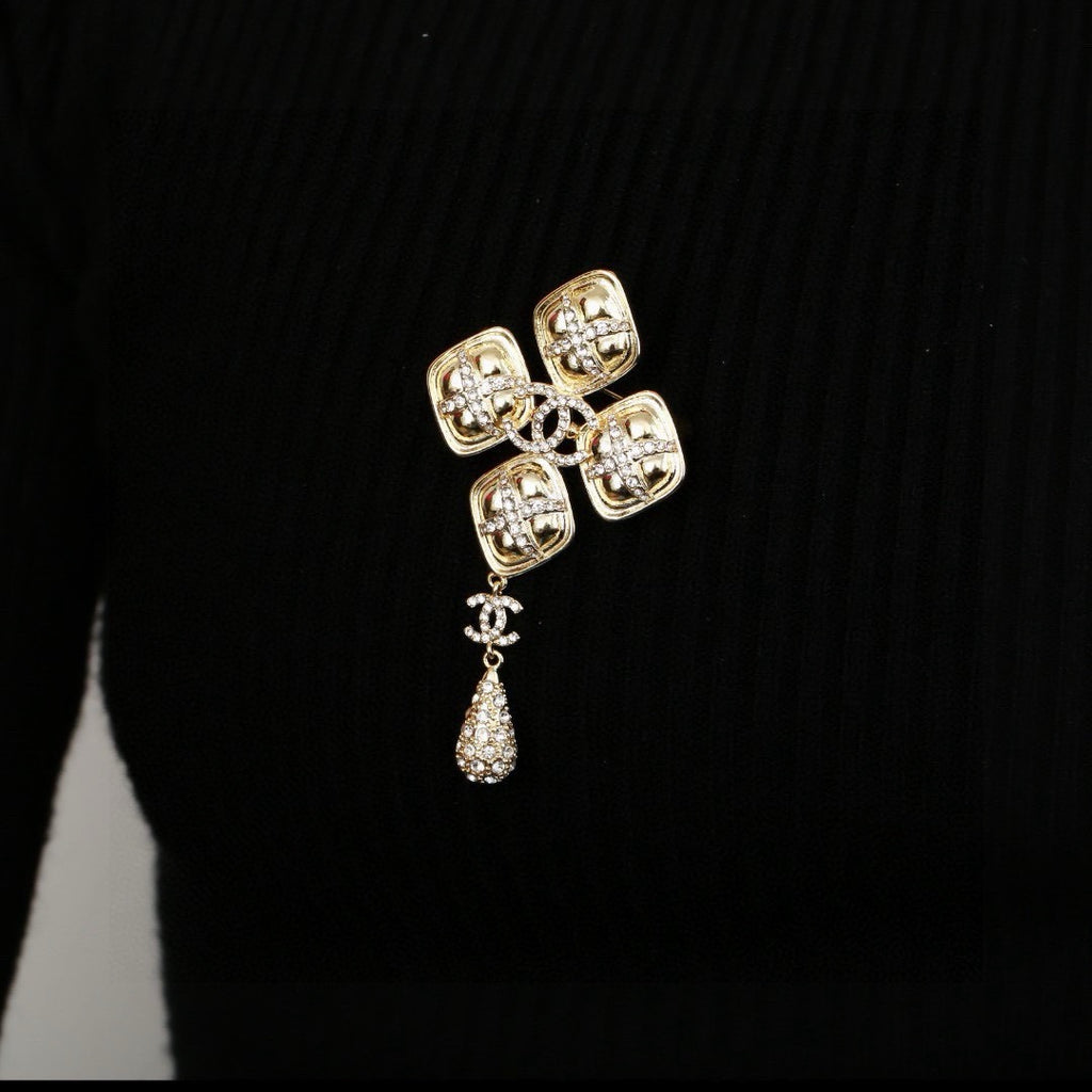 Chanel Baroque Cross Crystal Double CC Teardrop Pendant Brooch Pin