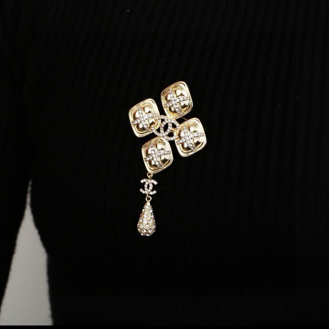 Chanel Baroque Cross Crystal Double CC Teardrop Pendant Brooch Pin