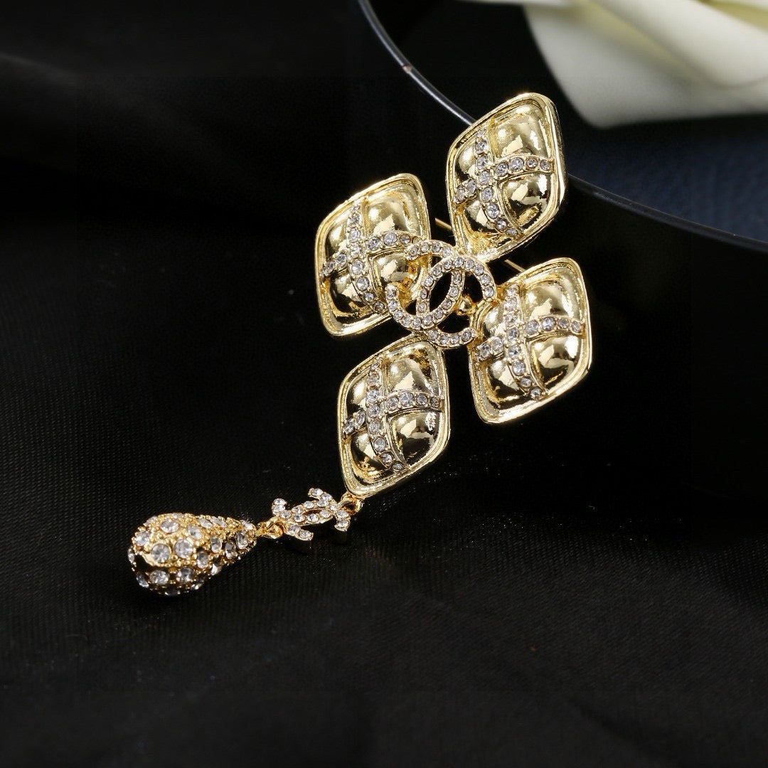 Chanel Baroque Cross Crystal Double CC Teardrop Pendant Brooch Pin