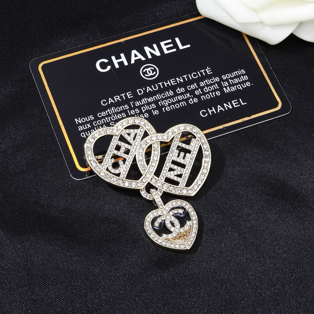 Chanel Crystal Interlocking Double Heart CHA-NEL Letter Pendant Brooch Pin