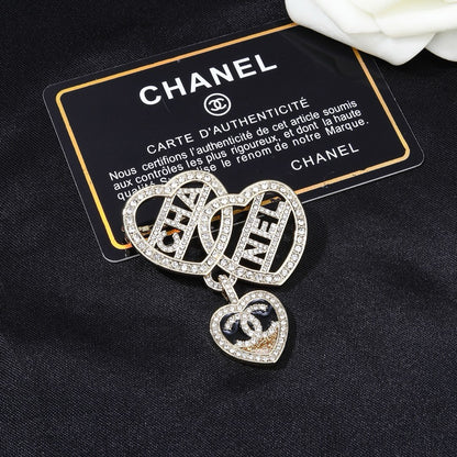 Chanel Crystal Interlocking Double Heart CHA-NEL Letter Pendant Brooch Pin