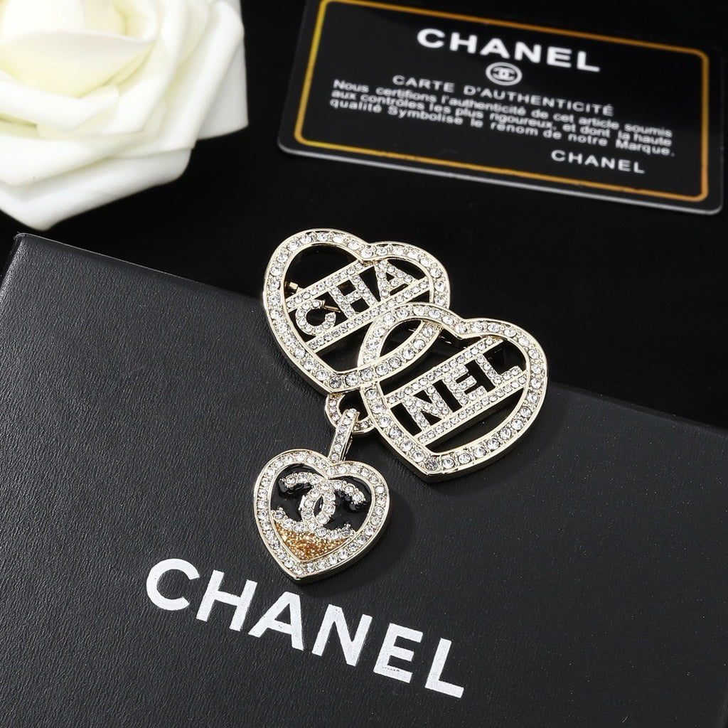 Chanel Crystal Interlocking Double Heart CHA-NEL Letter Pendant Brooch Pin