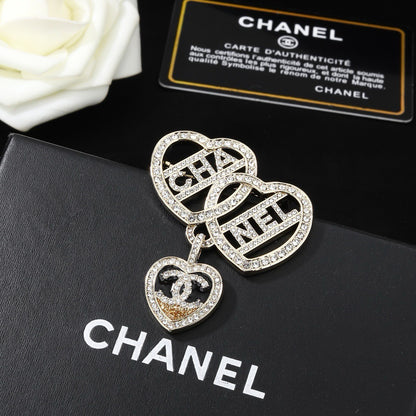 Chanel Crystal Interlocking Double Heart CHA-NEL Letter Pendant Brooch Pin