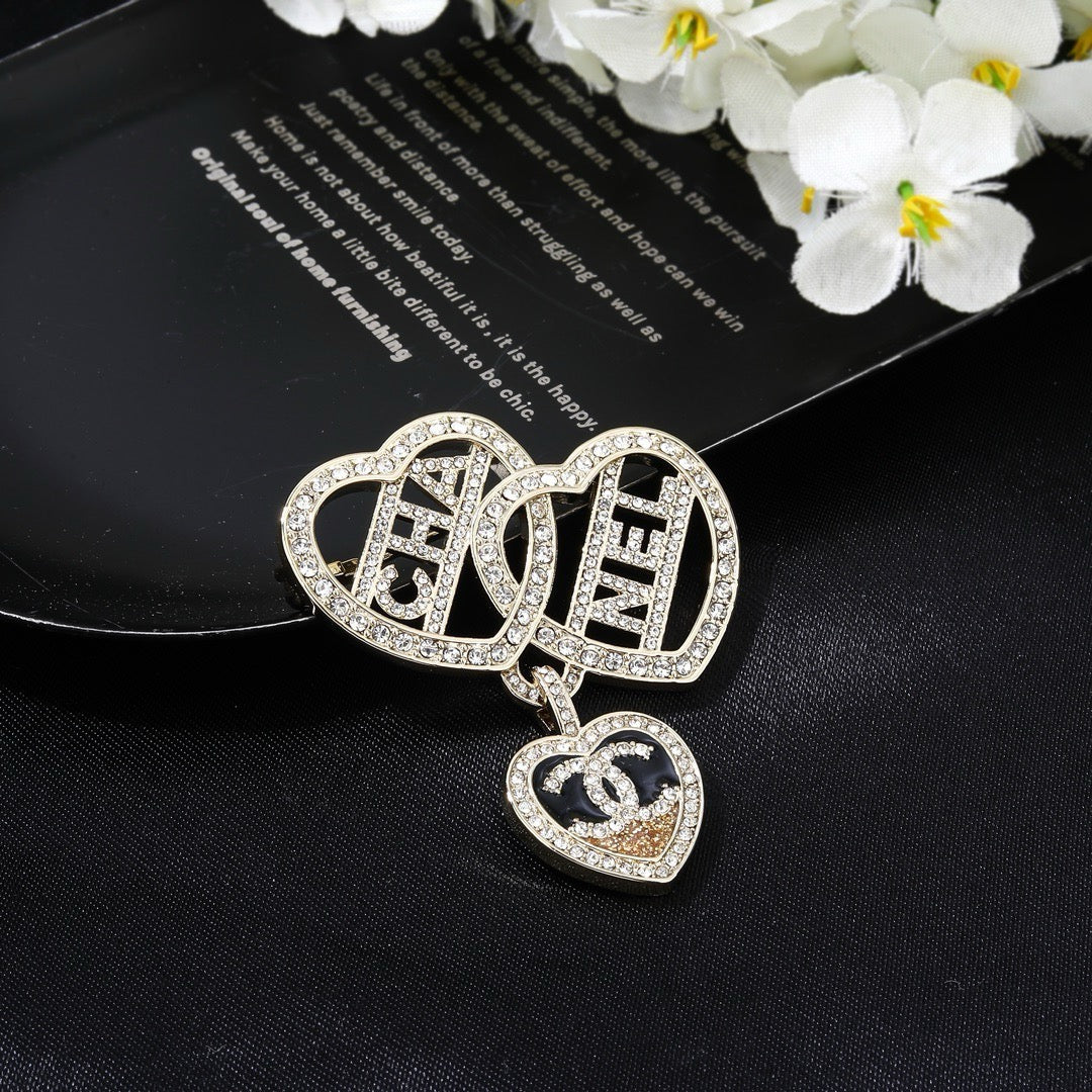 Chanel Crystal Interlocking Double Heart CHA-NEL Letter Pendant Brooch Pin