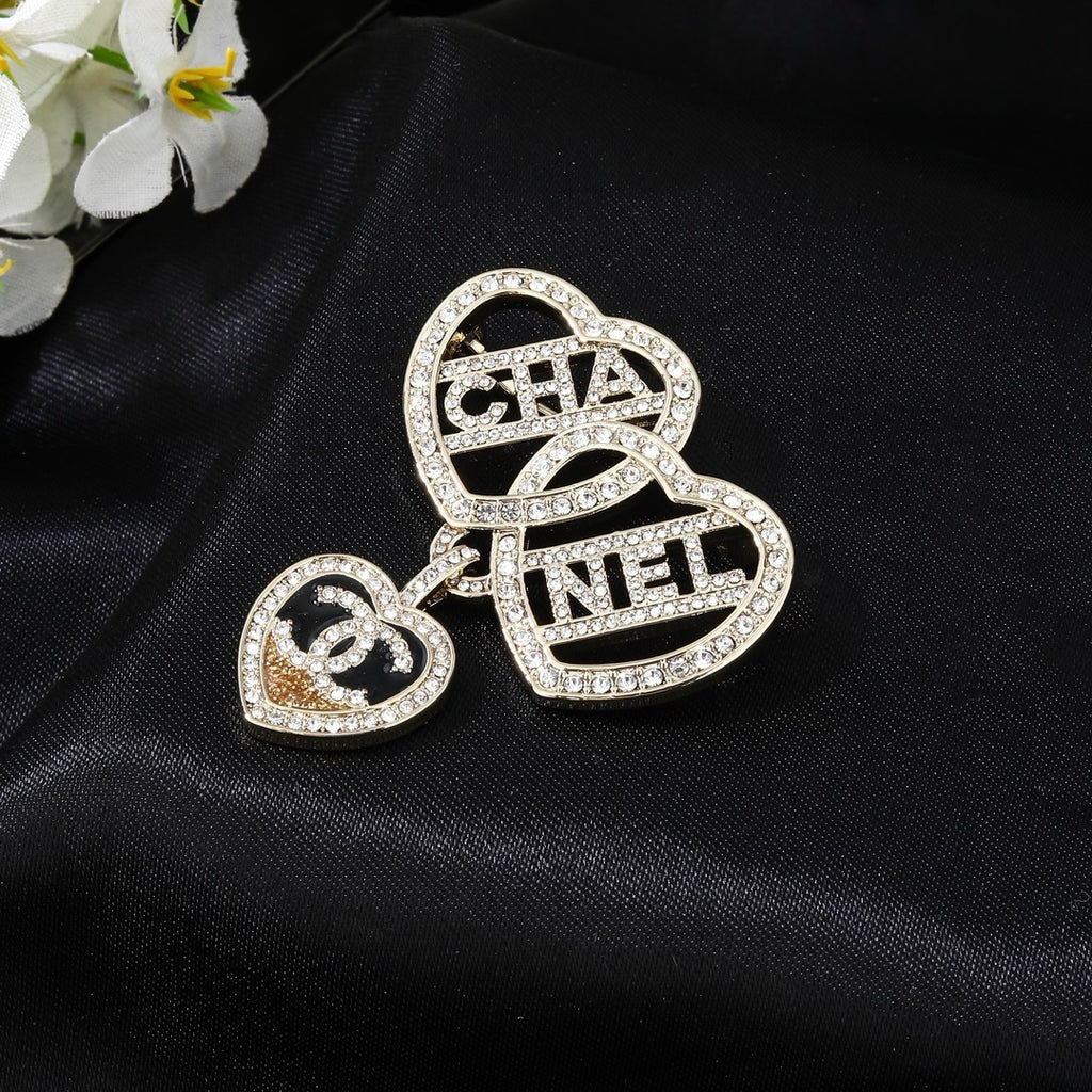 Chanel Crystal Interlocking Double Heart CHA-NEL Letter Pendant Brooch Pin