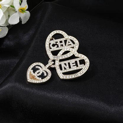 Chanel Crystal Interlocking Double Heart CHA-NEL Letter Pendant Brooch Pin