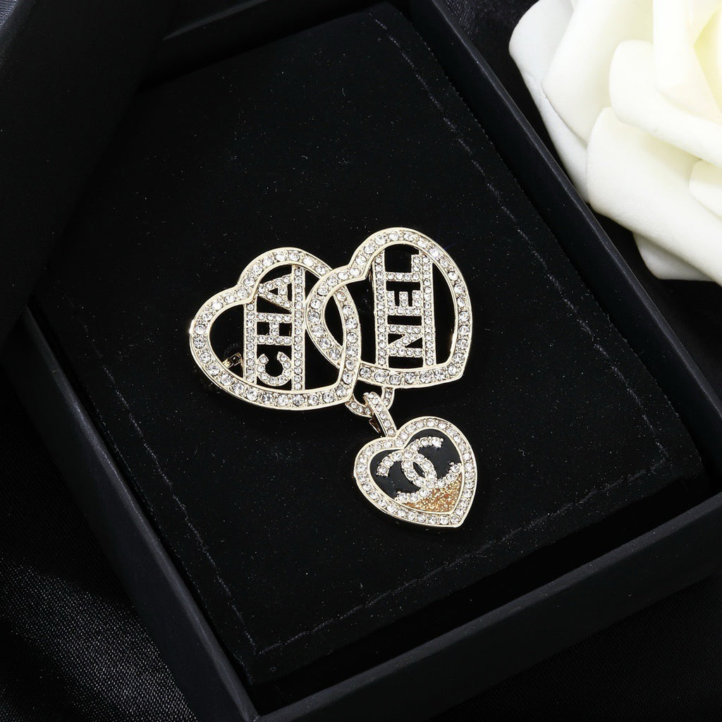 Chanel Crystal Interlocking Double Heart CHA-NEL Letter Pendant Brooch Pin