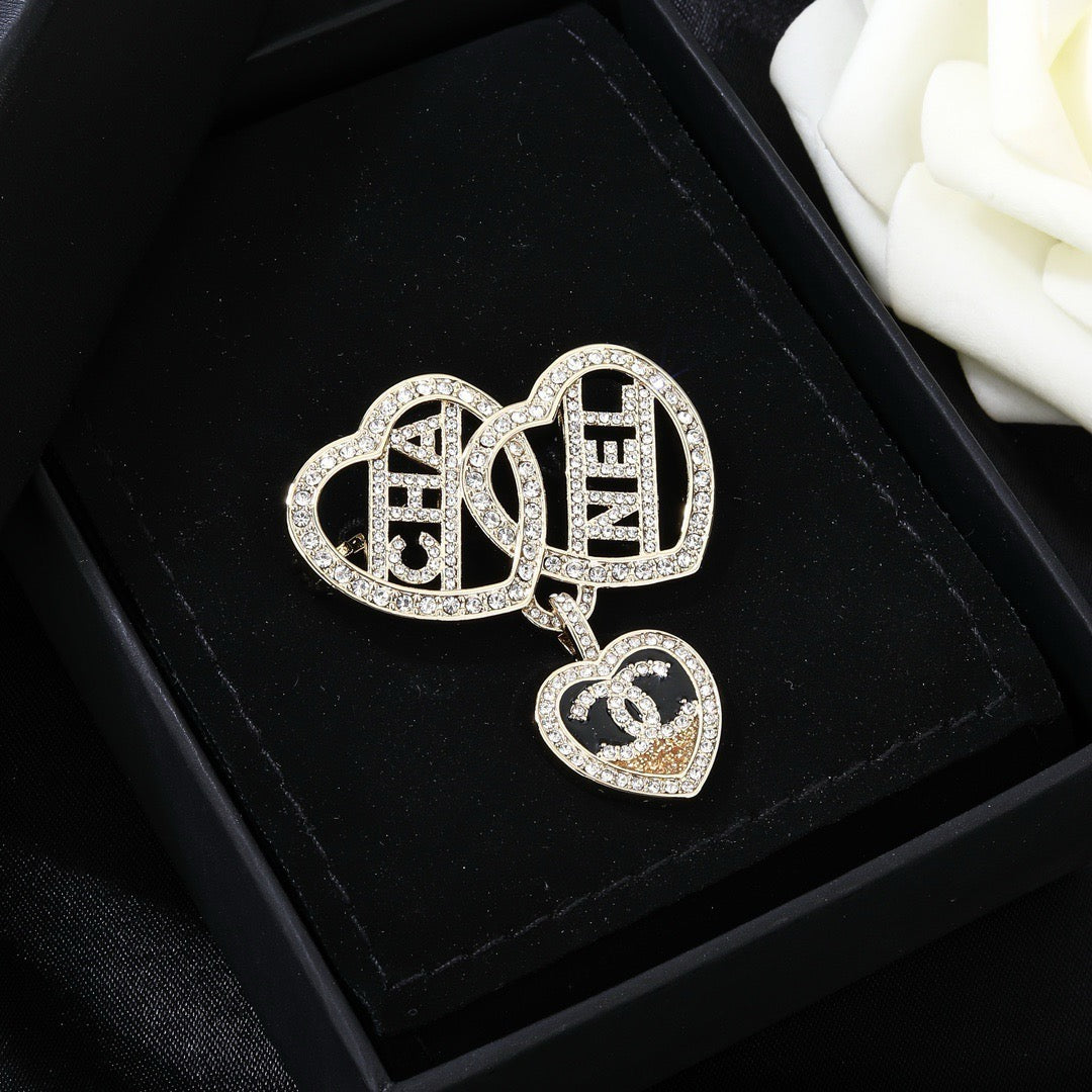Chanel Crystal Interlocking Double Heart CHA-NEL Letter Pendant Brooch Pin