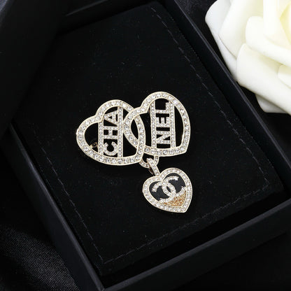 Chanel Crystal Interlocking Double Heart CHA-NEL Letter Pendant Brooch Pin