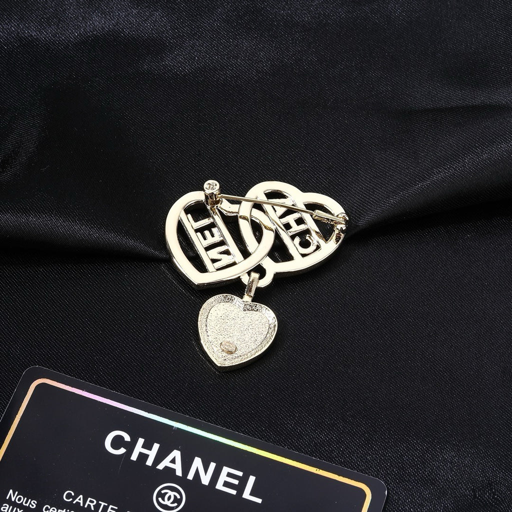 Chanel Crystal Interlocking Double Heart CHA-NEL Letter Pendant Brooch Pin