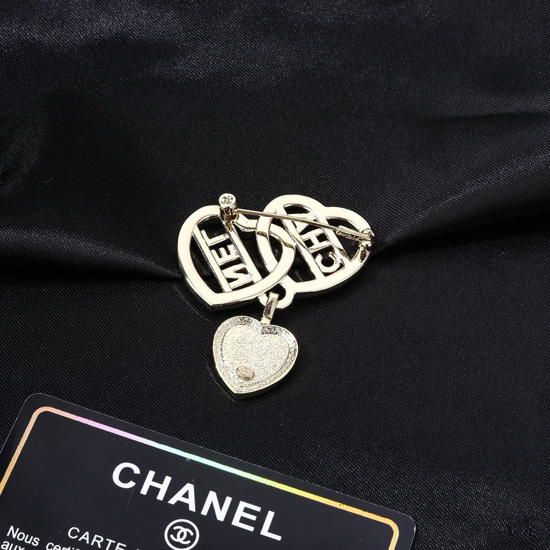 Chanel Crystal Interlocking Double Heart CHA-NEL Letter Pendant Brooch Pin