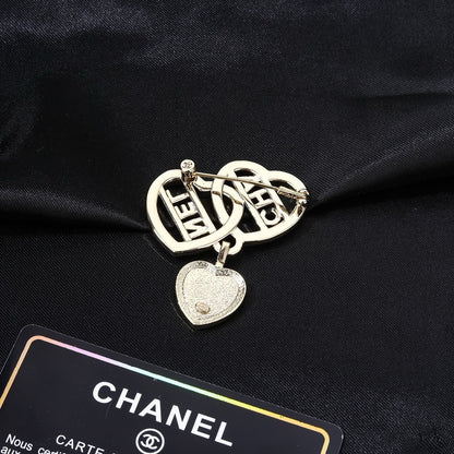 Chanel Crystal Interlocking Double Heart CHA-NEL Letter Pendant Brooch Pin