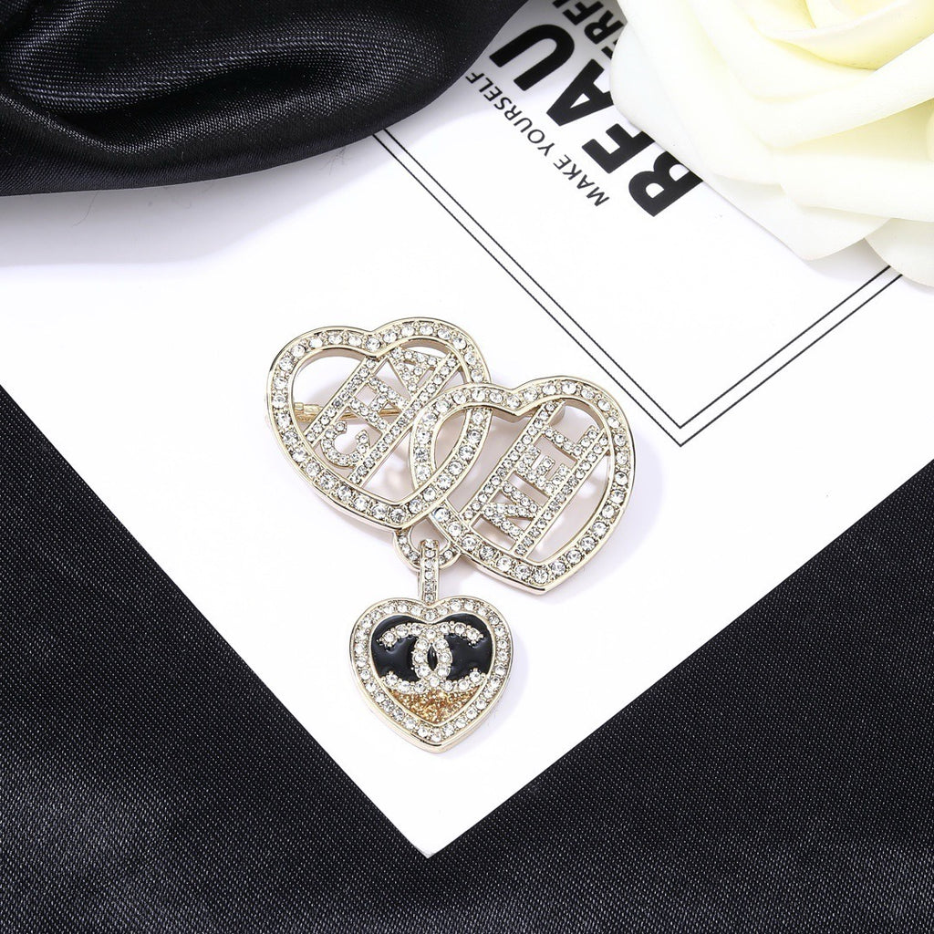 Chanel Crystal Interlocking Double Heart CHA-NEL Letter Pendant Brooch Pin