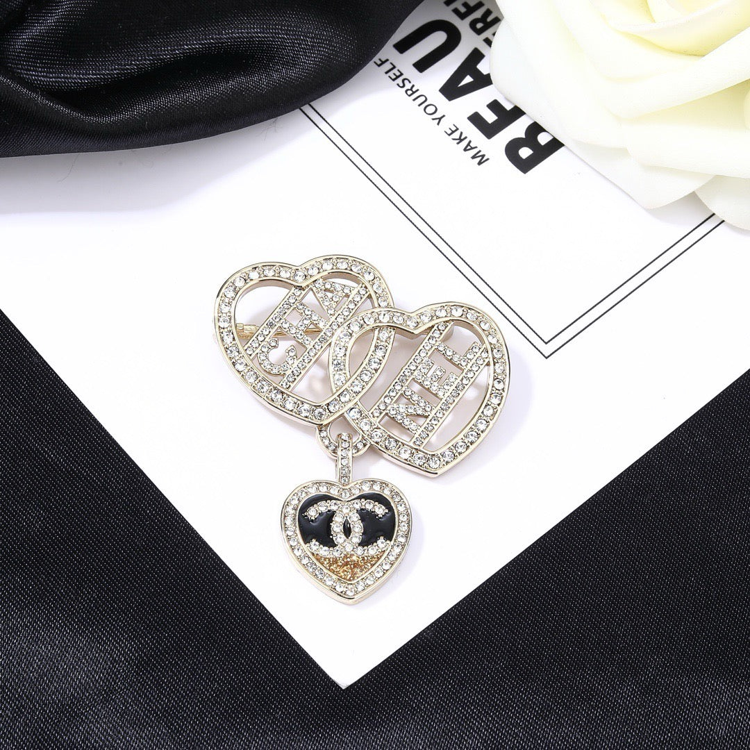 Chanel Crystal Interlocking Double Heart CHA-NEL Letter Pendant Brooch Pin