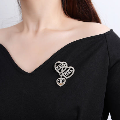 Chanel Crystal Interlocking Double Heart CHA-NEL Letter Pendant Brooch Pin