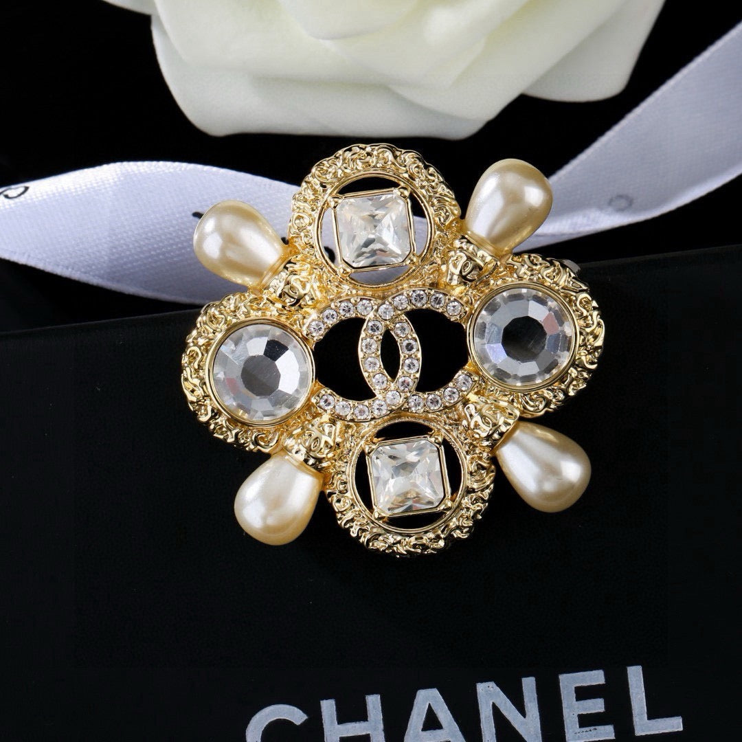 Chanel Baroque Vintage Gold Crystal Maltese Cross Pearl Brooch Pin