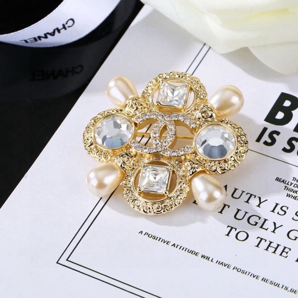 Chanel Baroque Vintage Gold Crystal Maltese Cross Pearl Brooch Pin