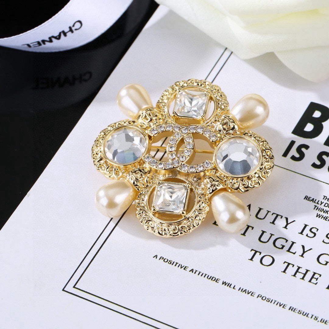 Chanel Baroque Vintage Gold Crystal Maltese Cross Pearl Brooch Pin