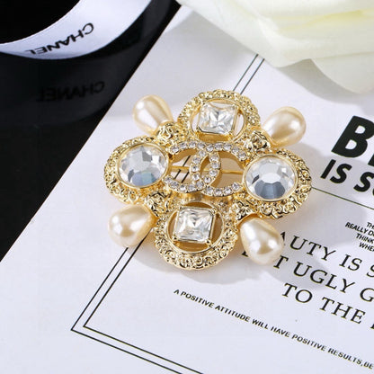 Chanel Baroque Vintage Gold Crystal Maltese Cross Pearl Brooch Pin