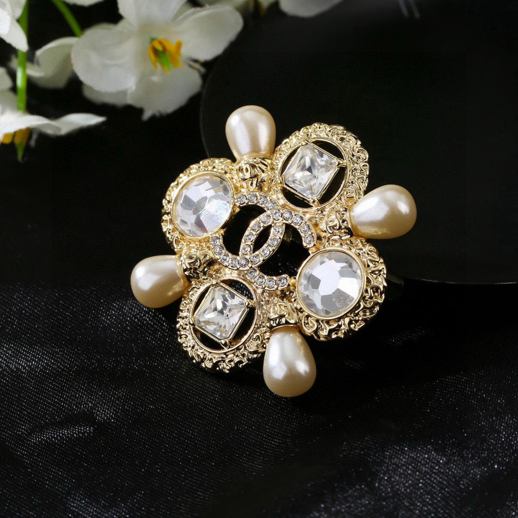 Chanel Baroque Vintage Gold Crystal Maltese Cross Pearl Brooch Pin