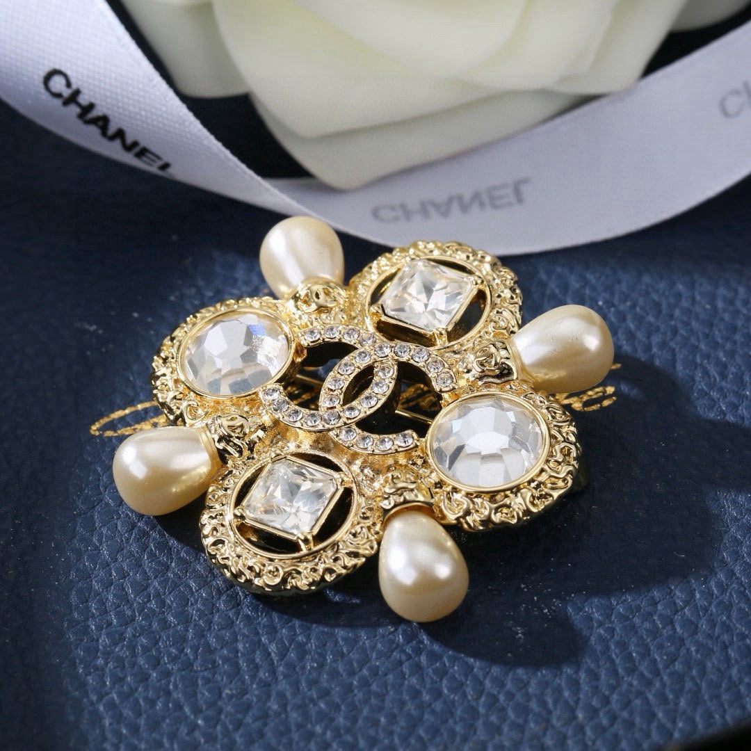 Chanel Baroque Vintage Gold Crystal Maltese Cross Pearl Brooch Pin