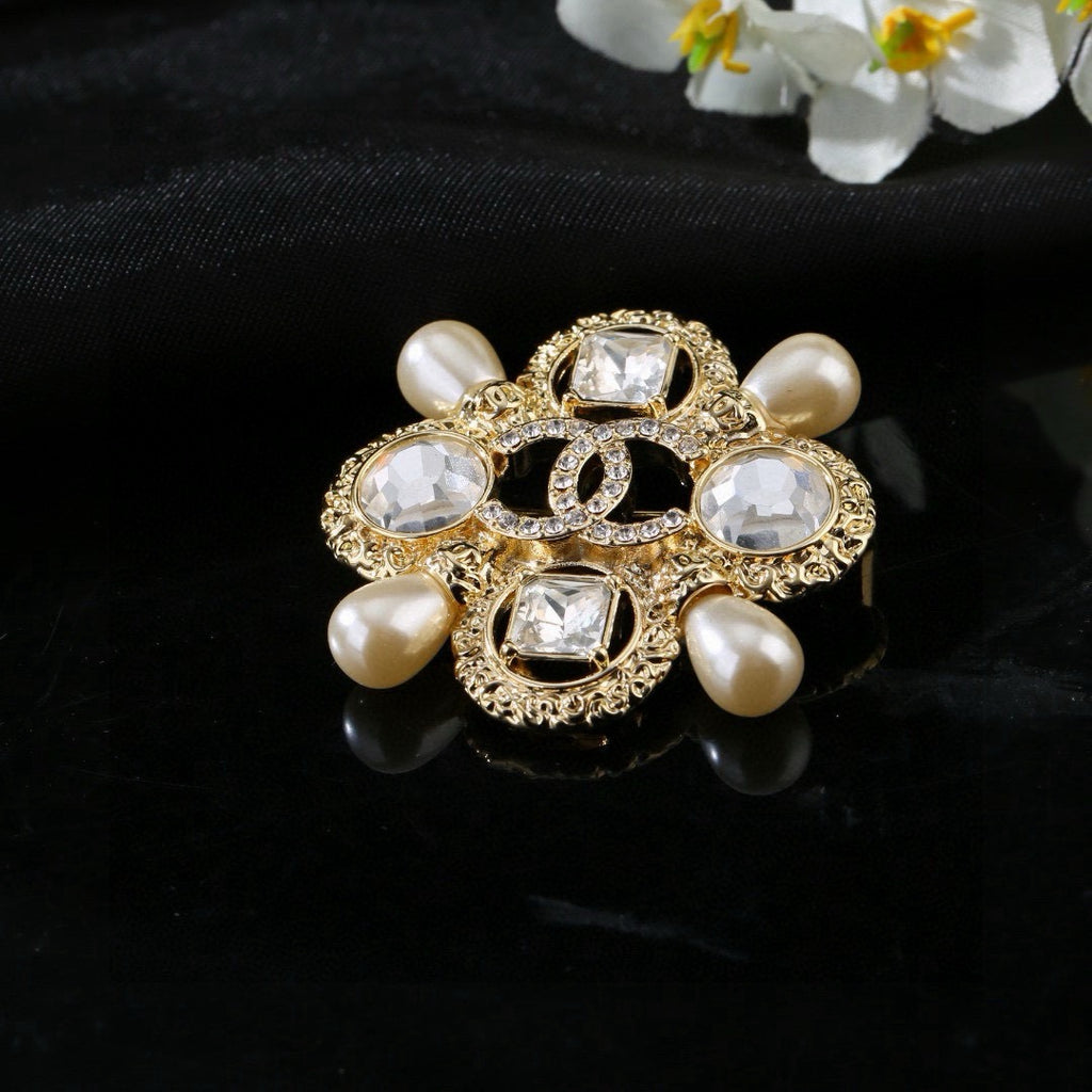 Chanel Baroque Vintage Gold Crystal Maltese Cross Pearl Brooch Pin