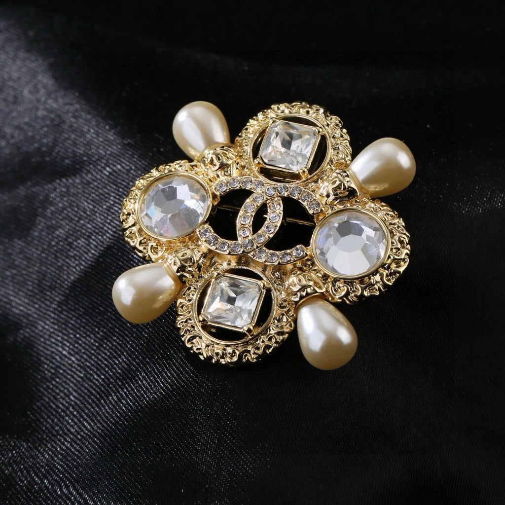 Chanel Baroque Vintage Gold Crystal Maltese Cross Pearl Brooch Pin