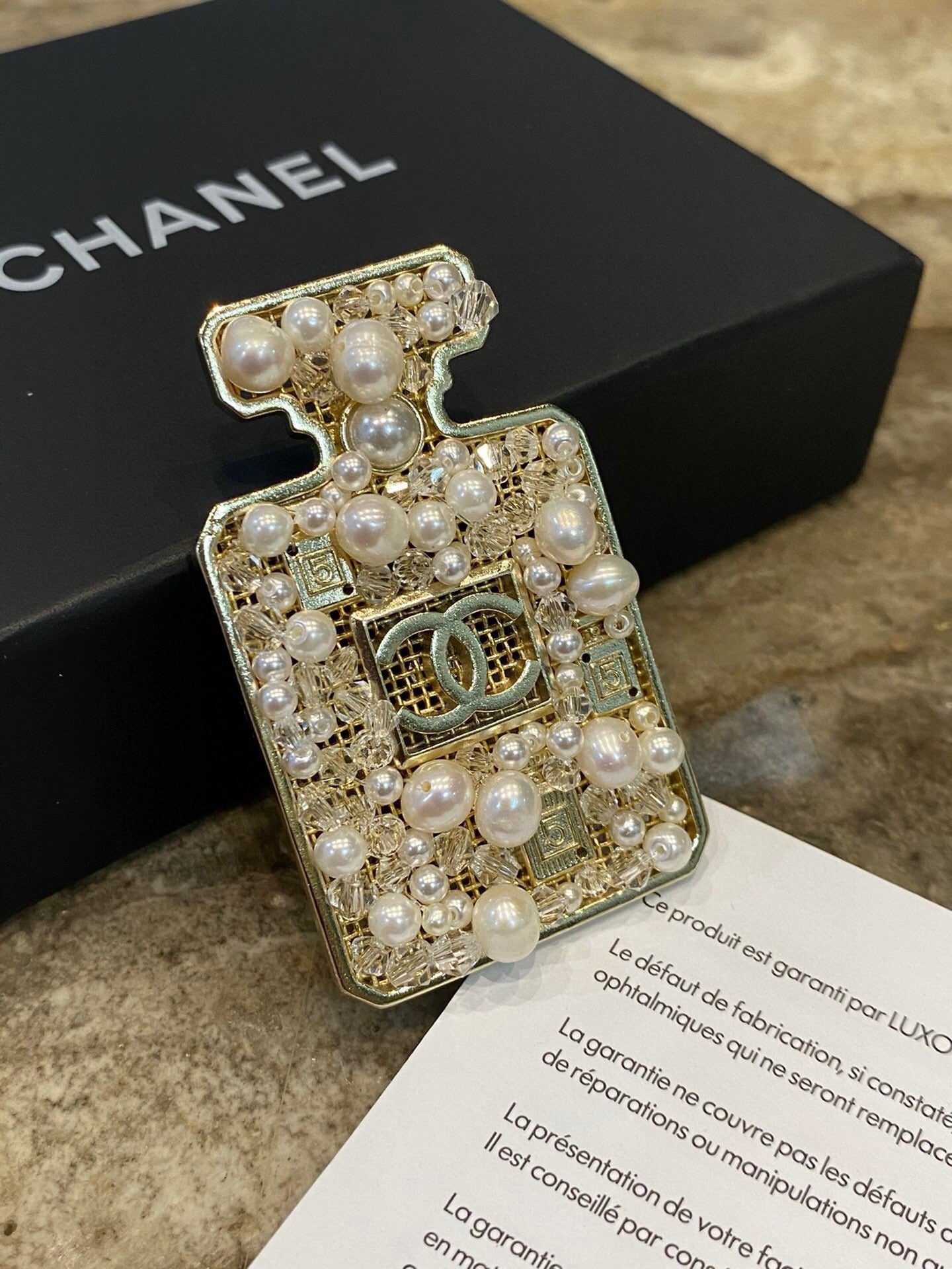Chanel No.5 Perfume Bottle Pearl Crystal Openwork Brooch Pin