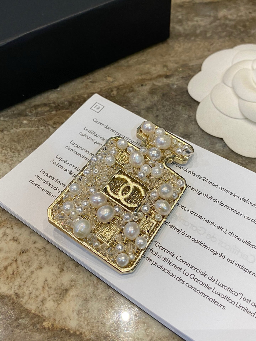 Chanel No.5 Perfume Bottle Pearl Crystal Openwork Brooch Pin