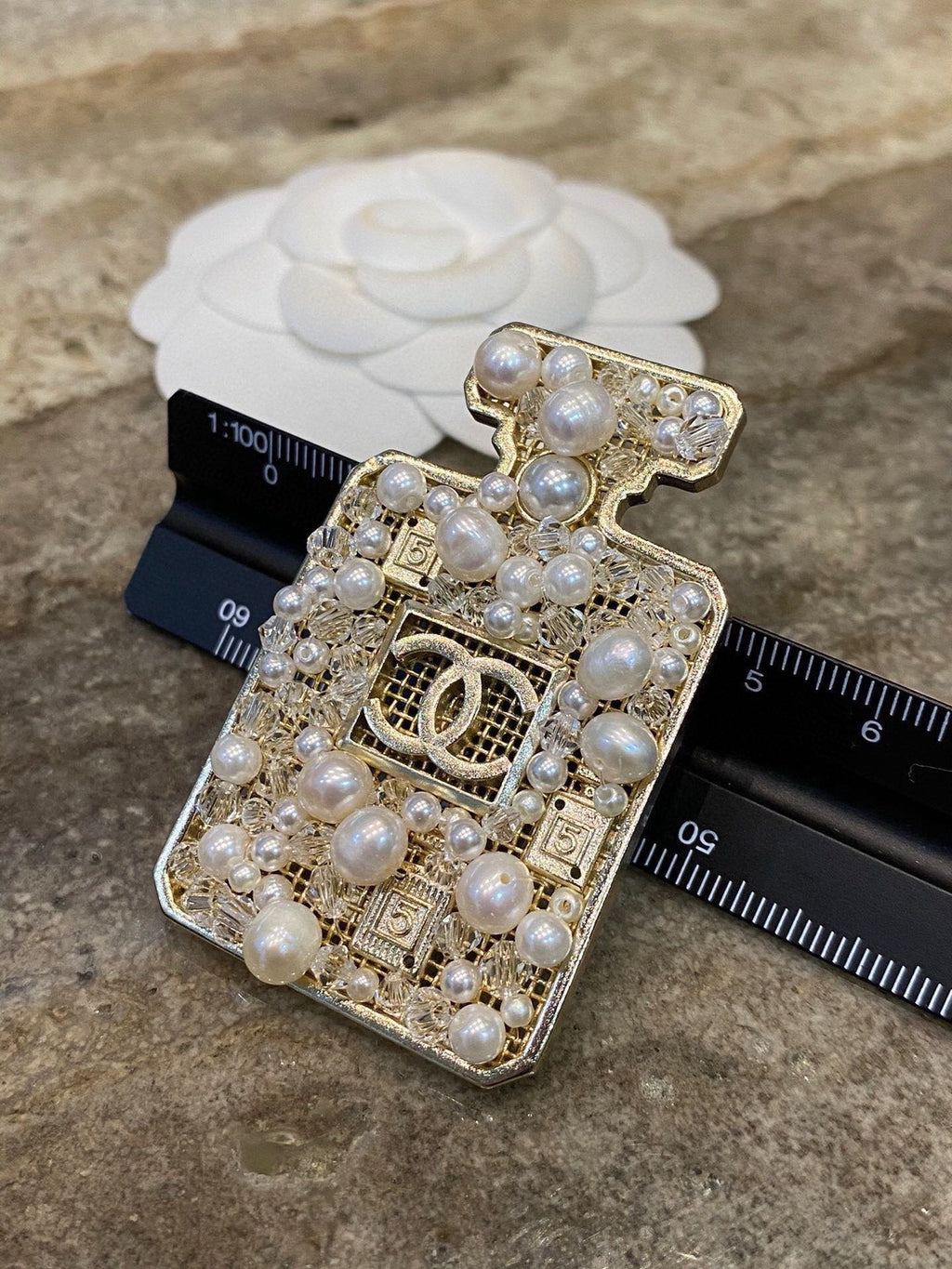Chanel No.5 Perfume Bottle Pearl Crystal Openwork Brooch Pin