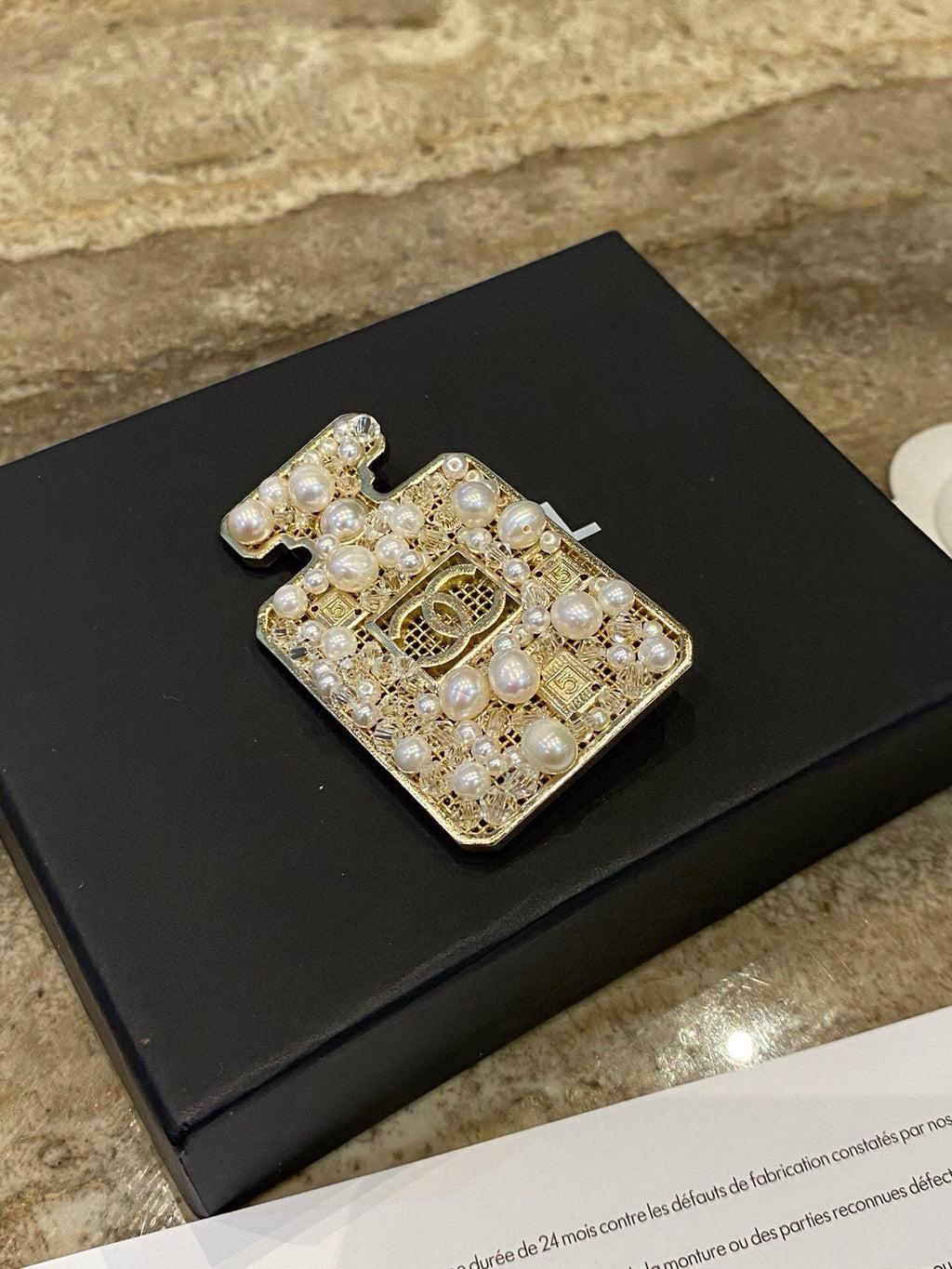 Chanel No.5 Perfume Bottle Pearl Crystal Openwork Brooch Pin