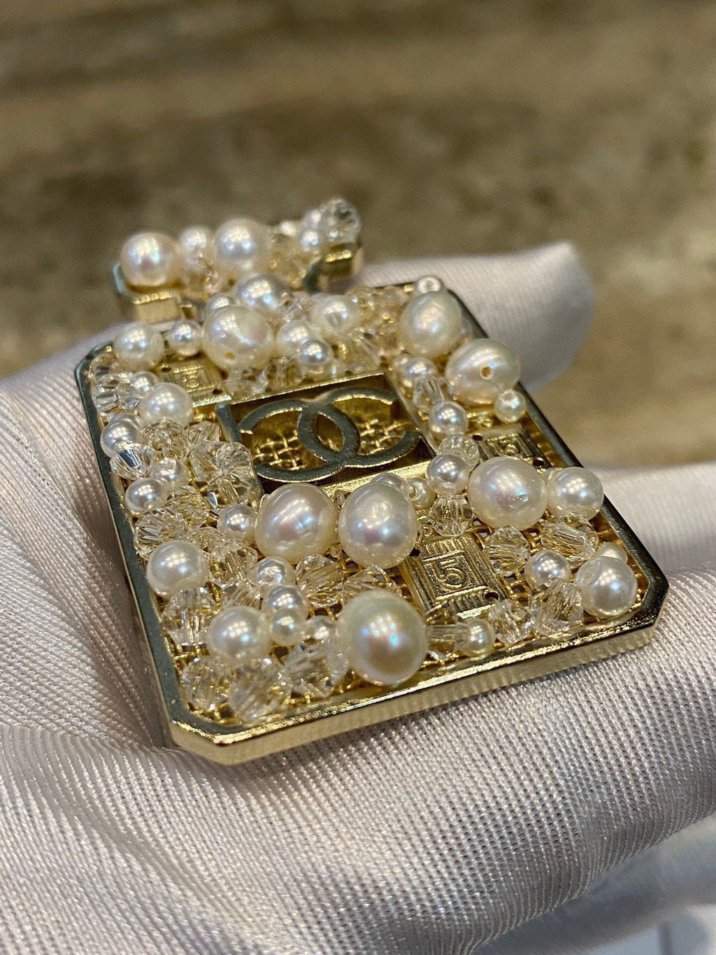 Chanel No.5 Perfume Bottle Pearl Crystal Openwork Brooch Pin