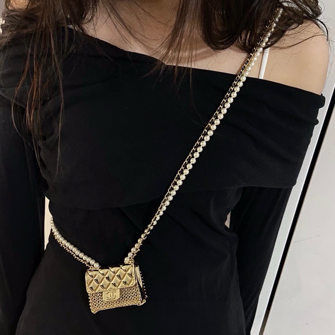 Chanel Mini Quilted Flap Bag Pendant Pearl Leather Chain Necklace