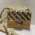 Chanel Mini Quilted Flap Bag Pendant Pearl Leather Chain Necklace