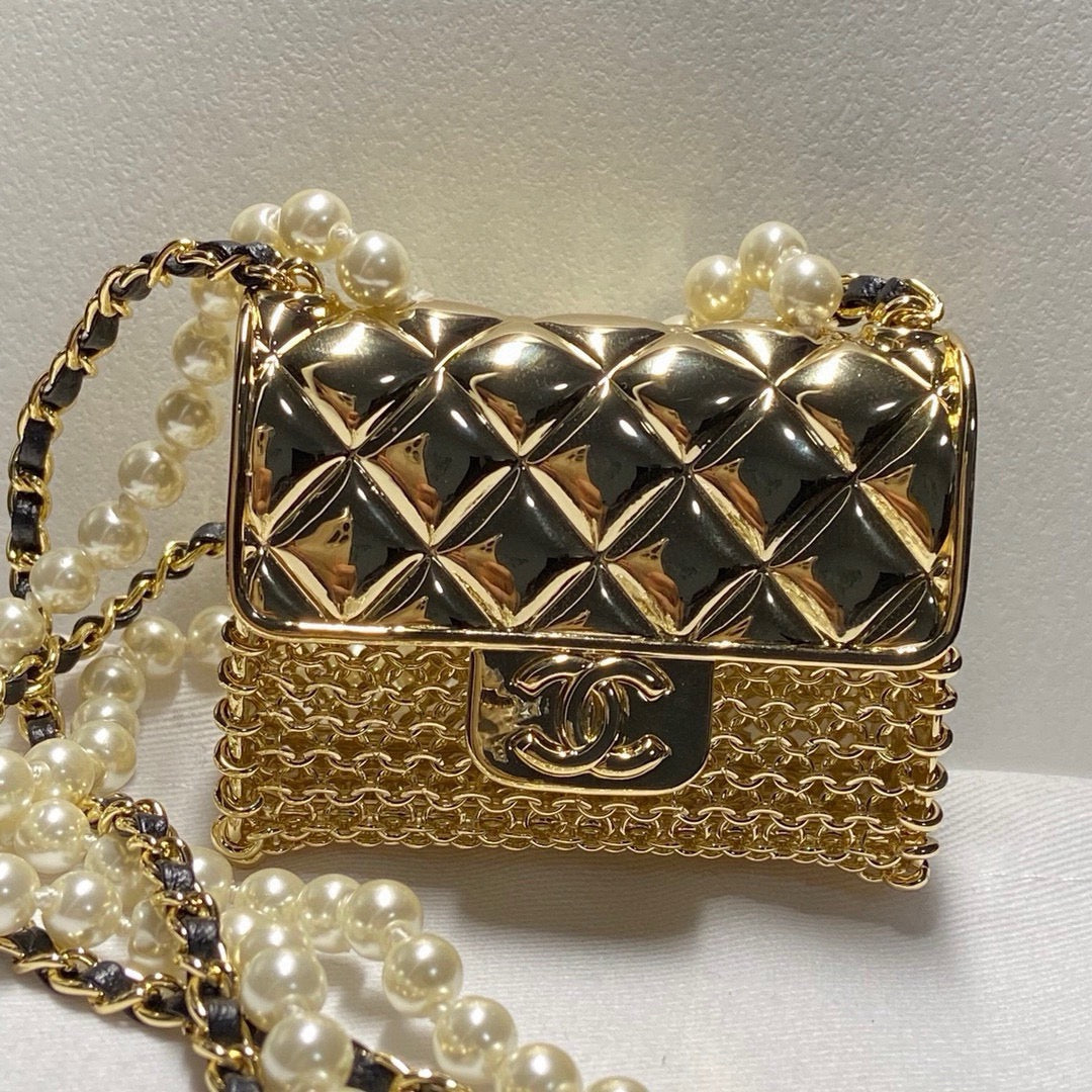 Chanel Mini Quilted Flap Bag Pendant Pearl Leather Chain Necklace
