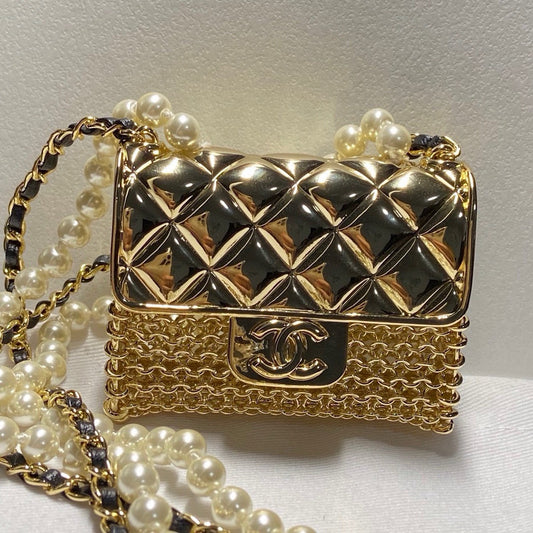 Chanel Mini Quilted Flap Bag Pendant Pearl Leather Chain Necklace
