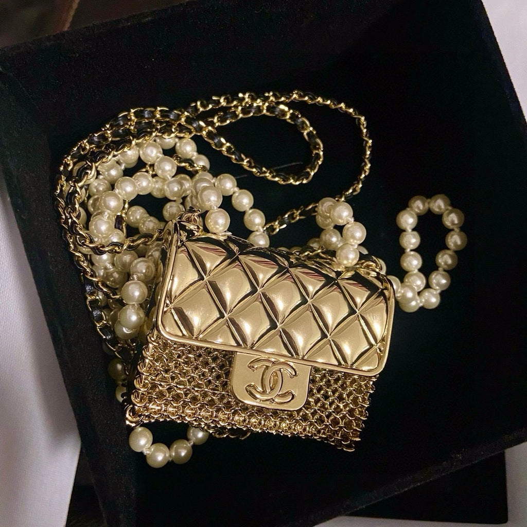 Chanel Mini Quilted Flap Bag Pendant Pearl Leather Chain Necklace