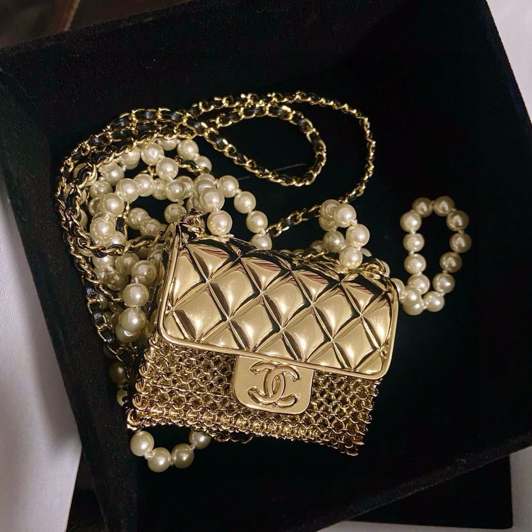 Chanel Mini Quilted Flap Bag Pendant Pearl Leather Chain Necklace