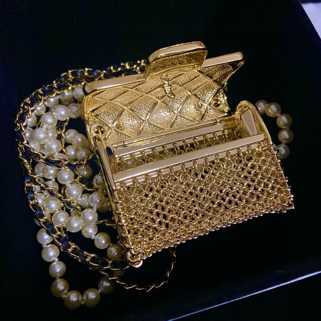 Chanel Mini Quilted Flap Bag Pendant Pearl Leather Chain Necklace