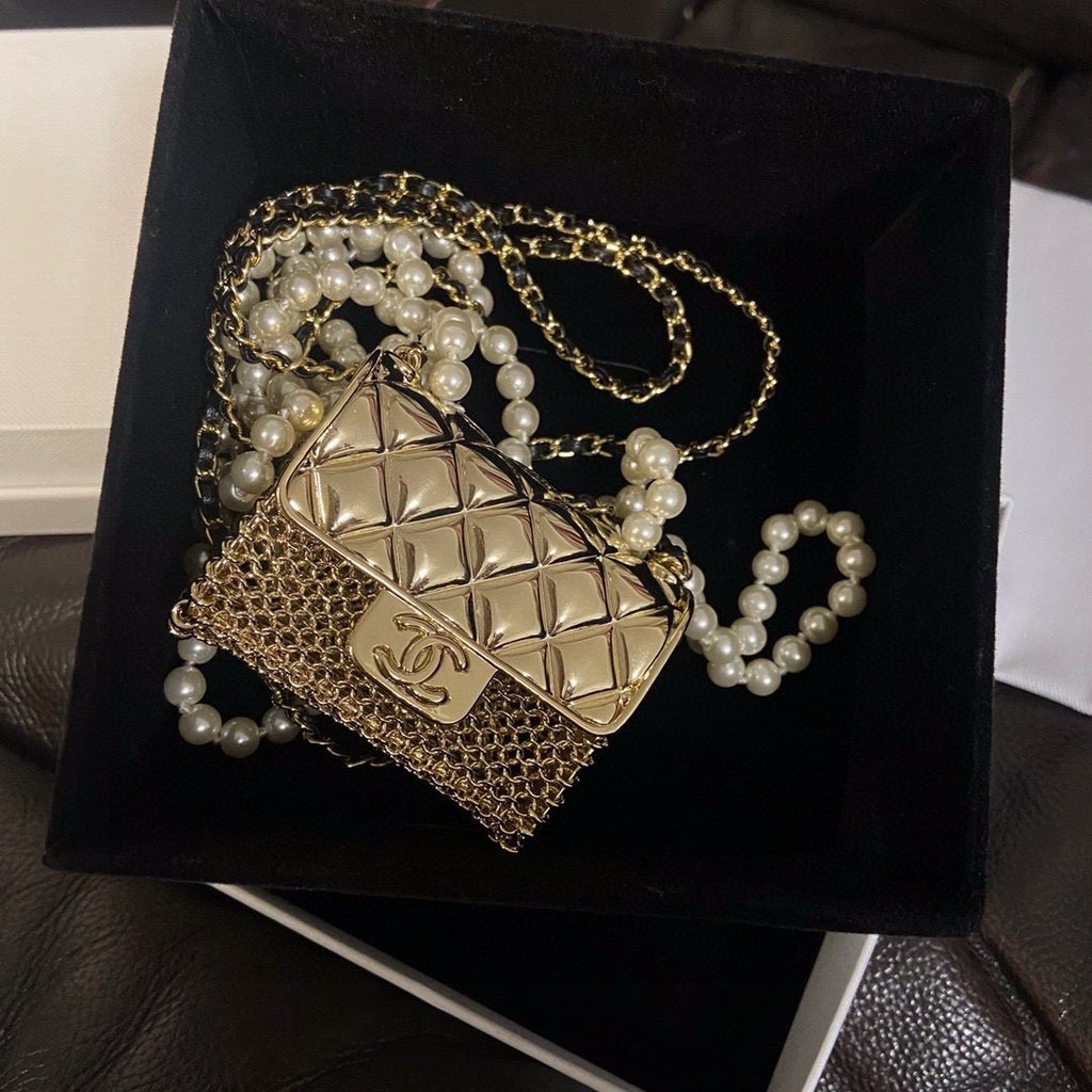 Chanel Mini Quilted Flap Bag Pendant Pearl Leather Chain Necklace