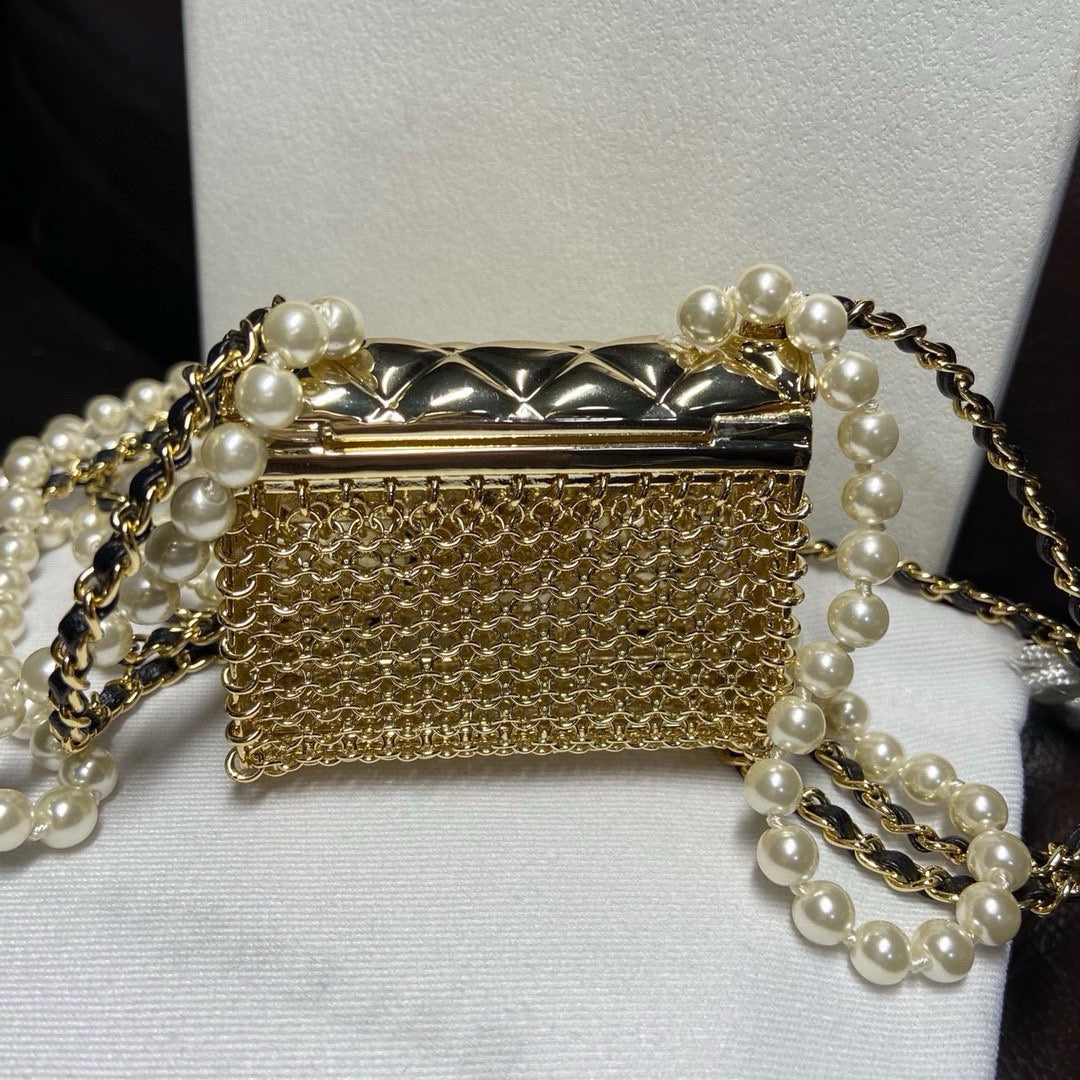 Chanel Mini Quilted Flap Bag Pendant Pearl Leather Chain Necklace