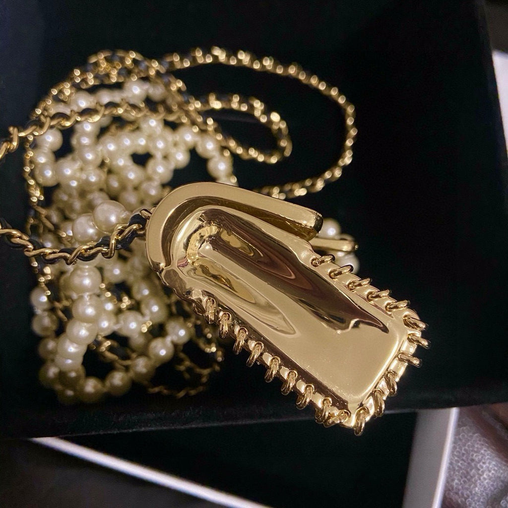 Chanel Mini Quilted Flap Bag Pendant Pearl Leather Chain Necklace